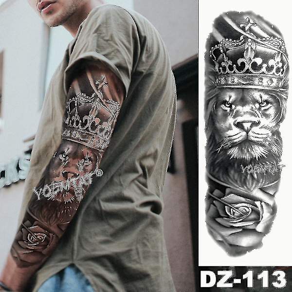 Large Arm Sleeve Tattoo Lion Crown King Rose Waterproof Temporary Tatoo Sticker Wild Wolf Tiger Men Full Skull Totem Fake Tatto_ Ljsm