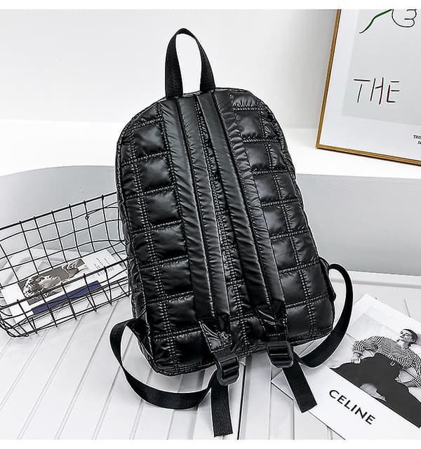 Down Cotton Filled Women's Backpack Quilted Plaid School Casual Bag black