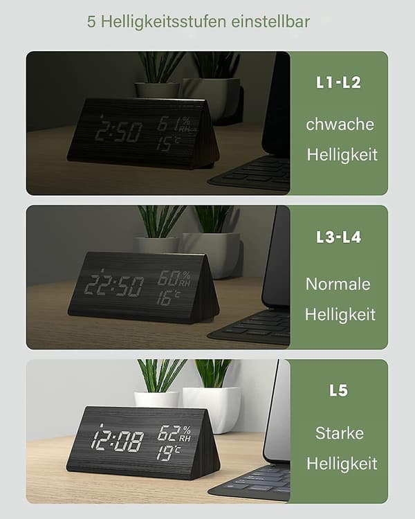 Alarm Clock Digital Clock Wood, Table Clock Digital With Voice Control/snooze/date/temperature And H