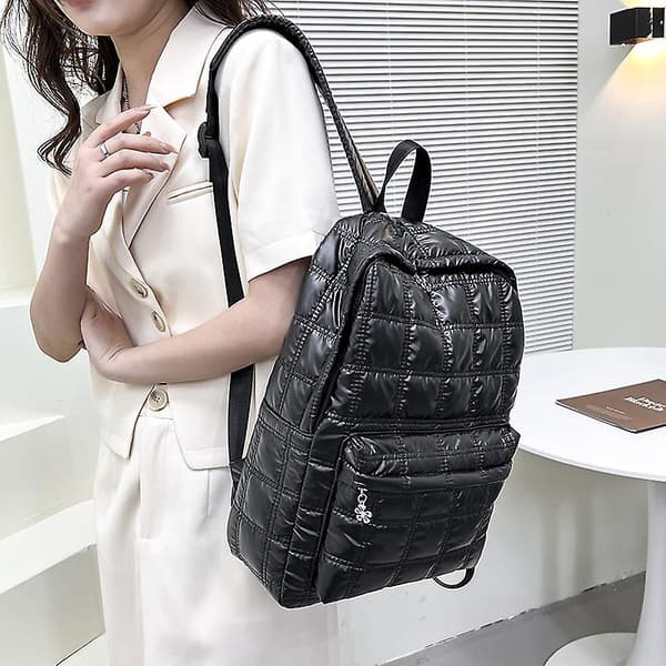 Down Cotton Filled Women's Backpack Quilted Plaid School Casual Bag black