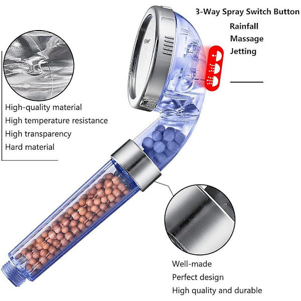 Shower Head, 3 Mode Function Spray Handheld Showerheads Blue Shower Head