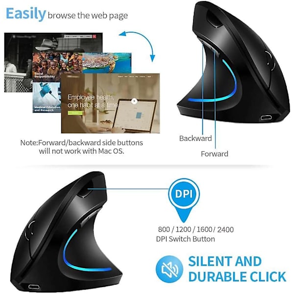 Wekity Right Handed Wireless Ergonomic Rechargeable Vertical Mouse With 4 Adjustable Dpi Black