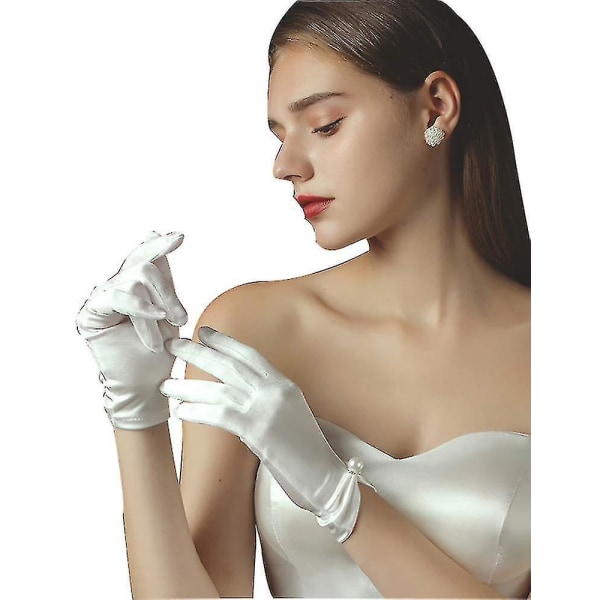 short Satin Bridal Gloves Women Vinatge Stretchy Gloves Wrist Length With Pearl