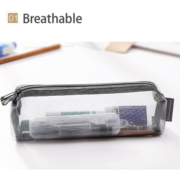 3pcs Multifunctional Mesh Pen Bag Pencil Case Makeup Tool Bag Storage Pouch Purse Mix-grey