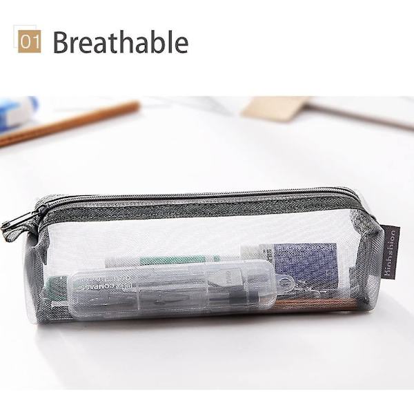 3pcs Multifunctional Mesh Pen Bag Pencil Case Makeup Tool Bag Storage Pouch Purse Mix-grey