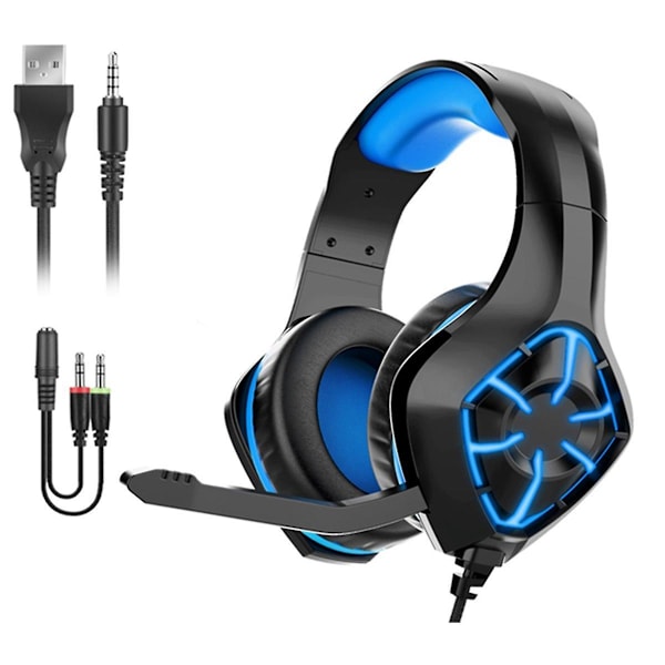 Gaming Headset Ps5, Ps4 Ultrabløde Ørekopper, RGB Lys Hovedtelefoner Gaming Audio Surround Sound Mikrofon Justerbar Støjreduktion, Blå