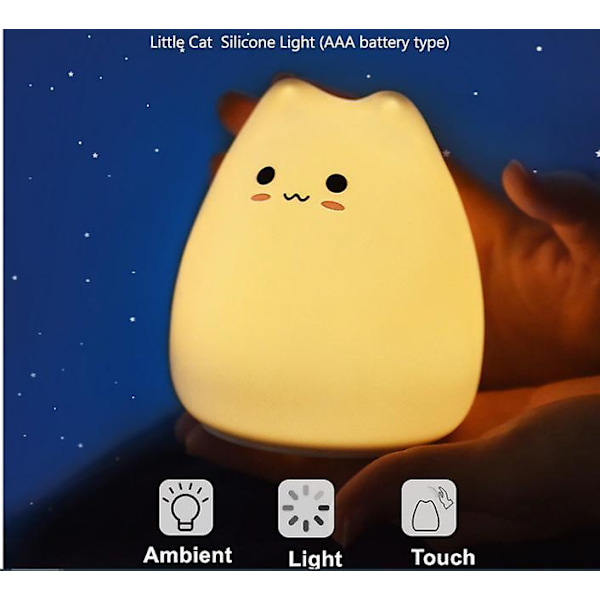 Sød Lille Kat med Berøringssensor LED Natlampe til Børn 3AAA Batterier
