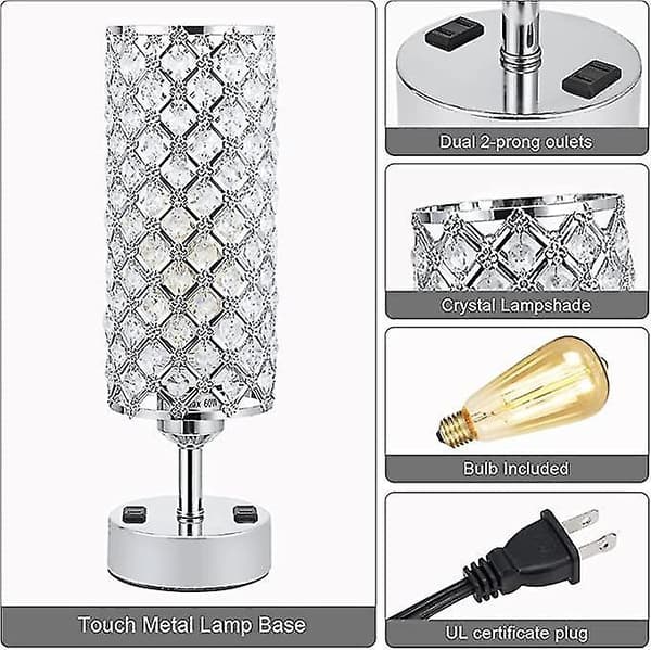 Crystal Lamp Table Lamp With Usb Ports 3 Way Dimmable Light Bedside Lamp Small Touch Light Silver