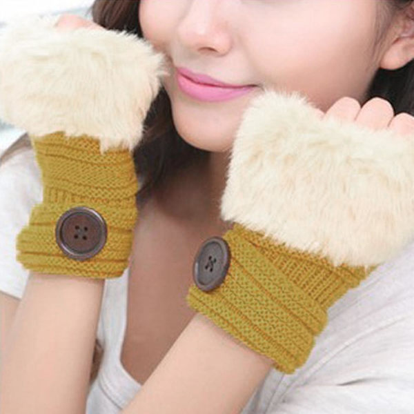 women Winter Faux Fur Wrist Fingerless Gloves Arm Warmer Mittens Yellow