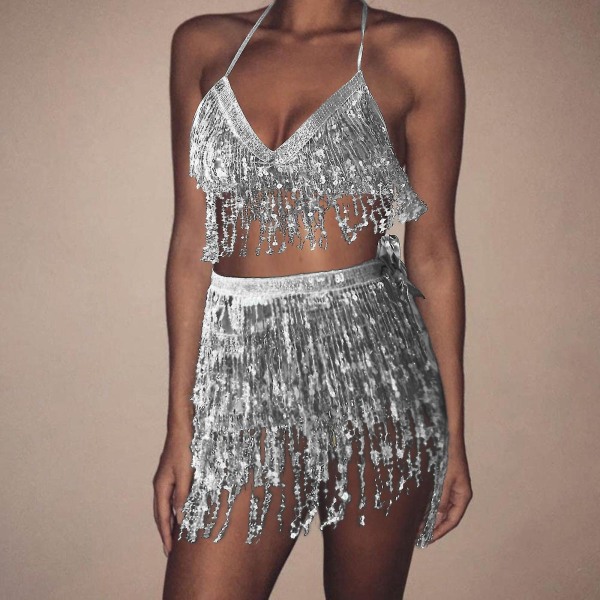 Dame Paillet Mavedanser Kostume Kvast Wrap Mini Nederdel Klub +Vest Sæt Silver