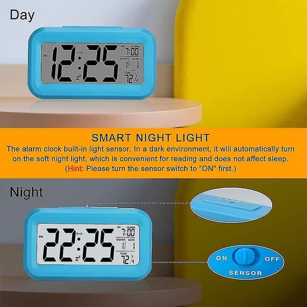 Smart Night Light Digital Alarm Clock With Indoor Temperature, Battery Operated Desk Small Clock Blue