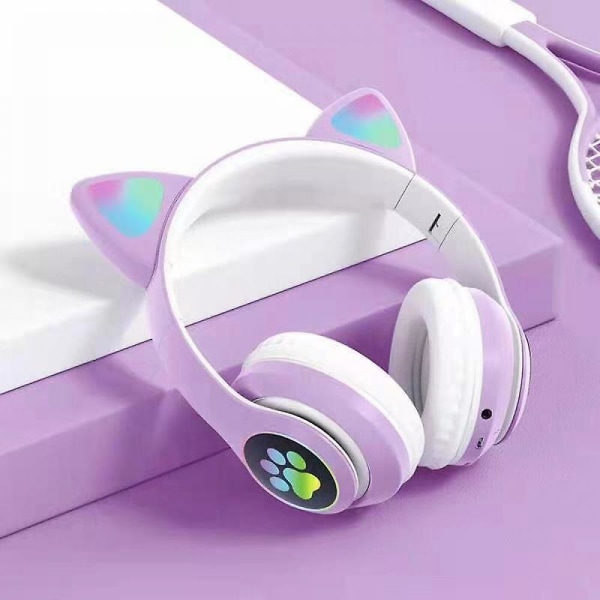 Wireless Bluetooth Headphones Cat Ear Headset With Led Light Purple