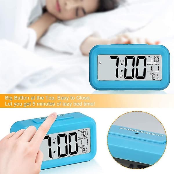 Smart Night Light Digital Alarm Clock With Indoor Temperature, Battery Operated Desk Small Clock Blue