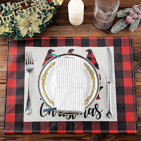 6 stk. Merry Christmas Dækkeservietter Jul Vinter Bordmåtter Rustikke Buffalo Plaid Dækkeservietter Sæt Skridsikre Varmebestandige Bordmåtter Vaskbar Juleplads