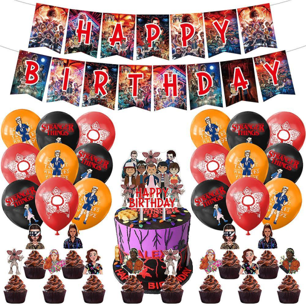 Cartoon Stranger Things Theme Birthday Party Decoration Supplies Balloons Banner Cake Topper Set