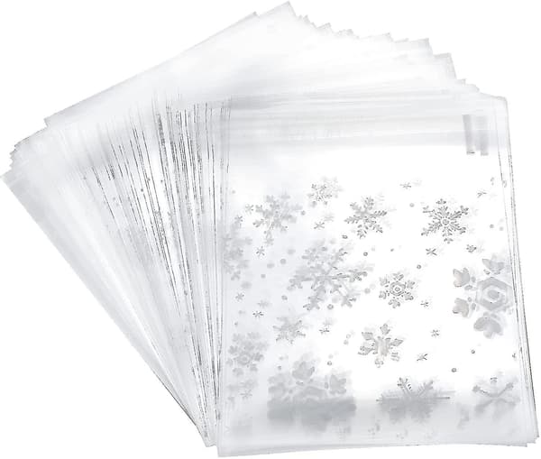 200 Pcs Snowflake Cookie Bag Clear Plastic Bag Transparent Candy Christmas