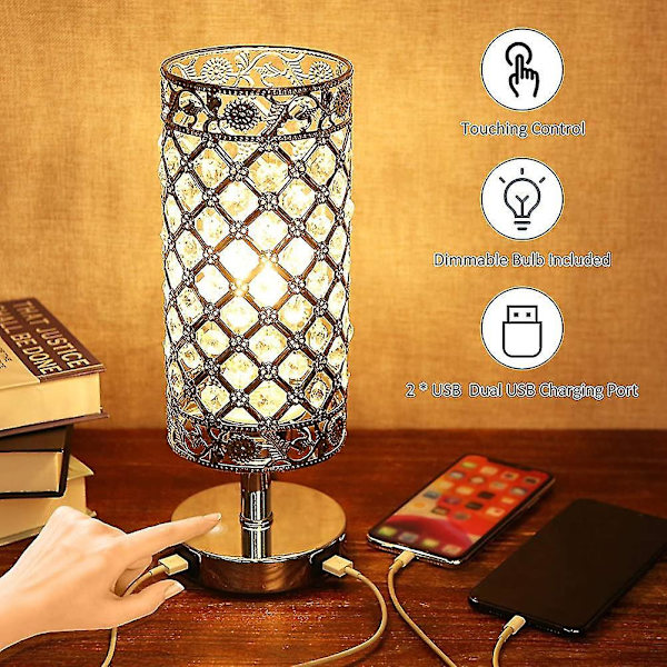 Touch Control Crystal Bedside Lamp With Dual Usb Port 3-way Dimmable Table Lamp