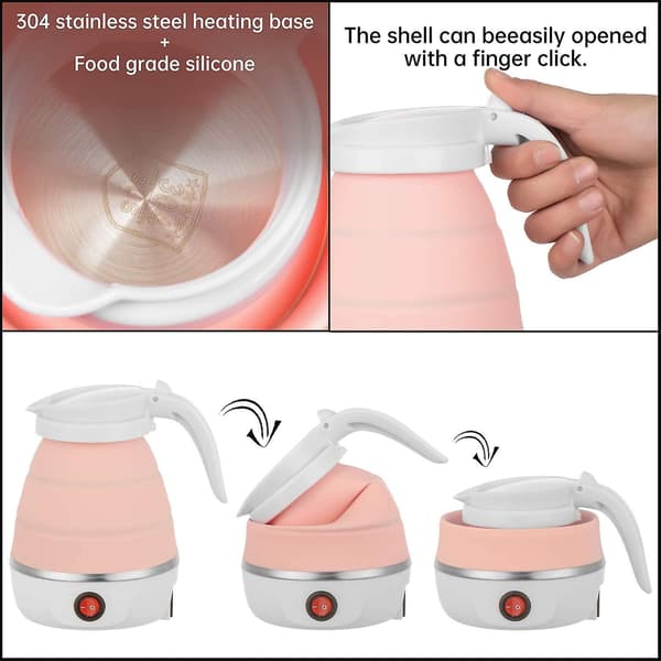 Folding Travel Kettle 600ml Electric Silicone Water Bottle Portable Heating Fast Kettle Pink EU Plug