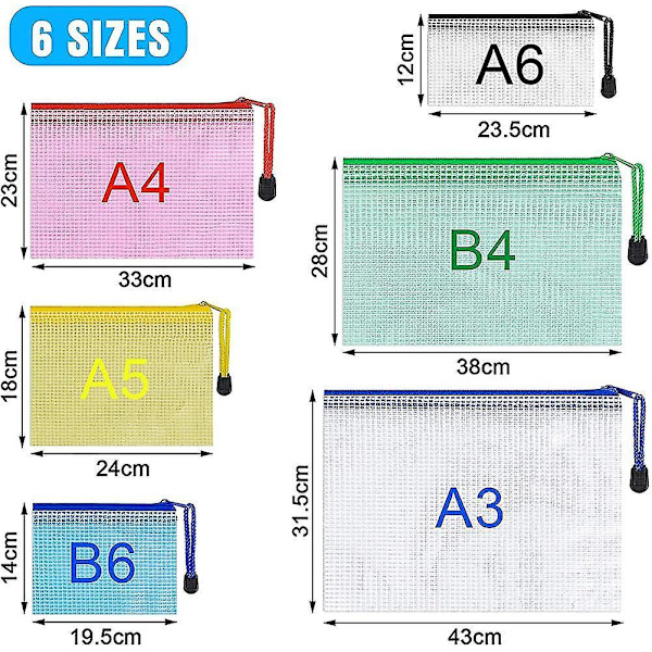 12pcs Mesh Zipper Pouch Document Bag, A3 Plastic Zip Wallet File Folders