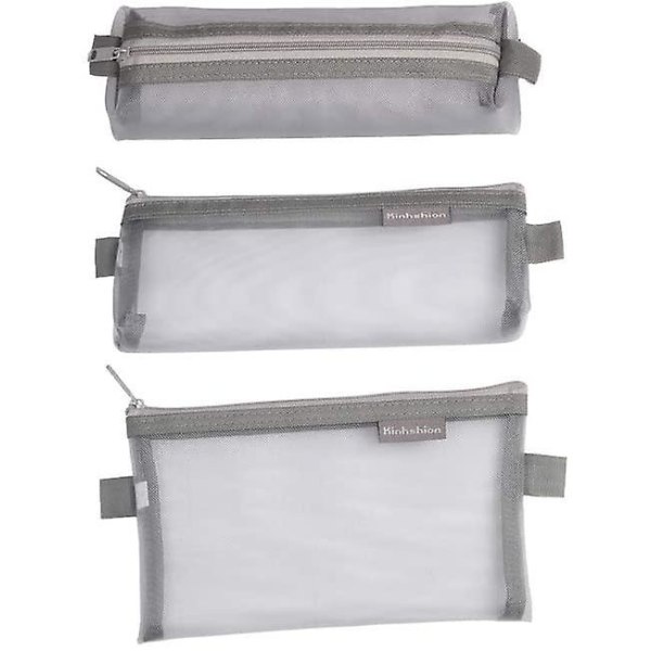 3pcs Multifunctional Mesh Pen Bag Pencil Case Makeup Tool Bag Storage Pouch Purse Mix-grey