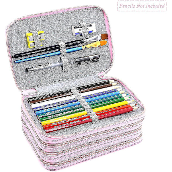 72 Slots 4-layer Zipper Pencil Case With Handle Strap, Oxford Fabric pink