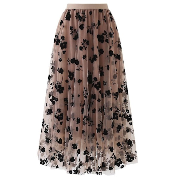 Women Spring Summer Elastic High Waist Long Mesh Skirt Womens Pleated Brown M