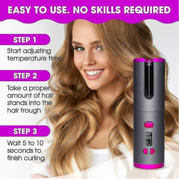 Wireless Automatic Hair Curler Rechargeable Rotating Curling Iron Led Display Temperature Adjustable