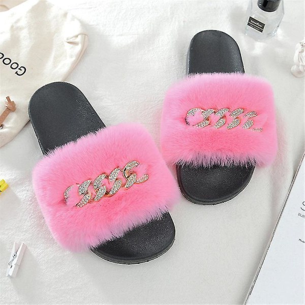 Women's Fluffy Faux Fur Slippers Comfy Open Toe Slides With Fle PINK 37