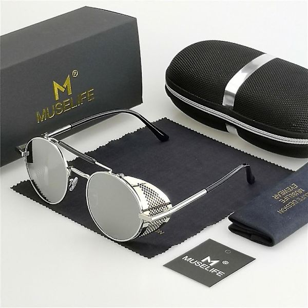Retro Round Metal Sunglasses, Steampunk Men, Women, Glasses Uv Protection Silver-Silver
