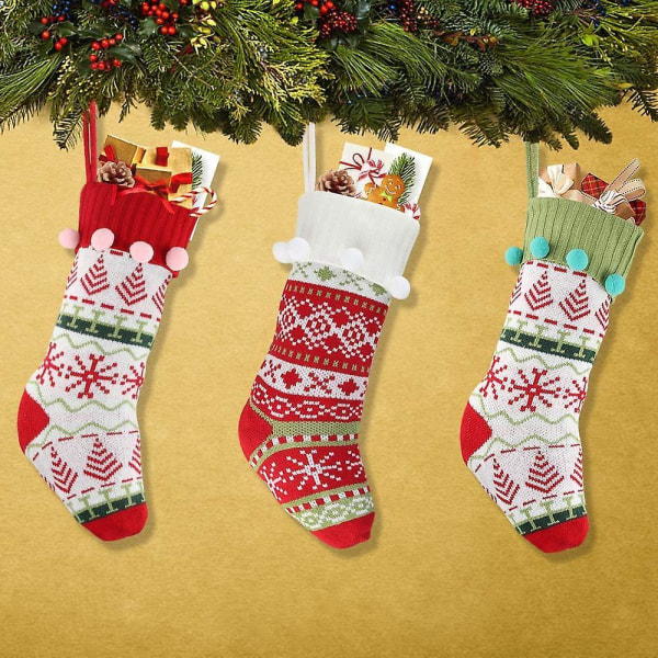 3pcs Christmas Stockings Knitted Traditional Hanging Socks Ornament