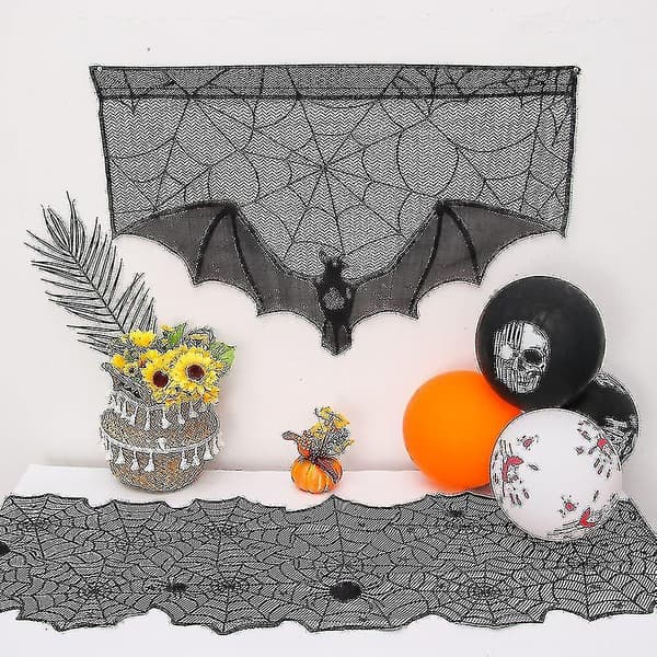 3d Bat Halloween Decorations Thanksgiving Decorations Lace Curtain Table Cloth1pcs-black