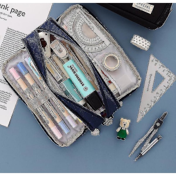 Pencil Case med 3 rum, stor kapacitet NAVY