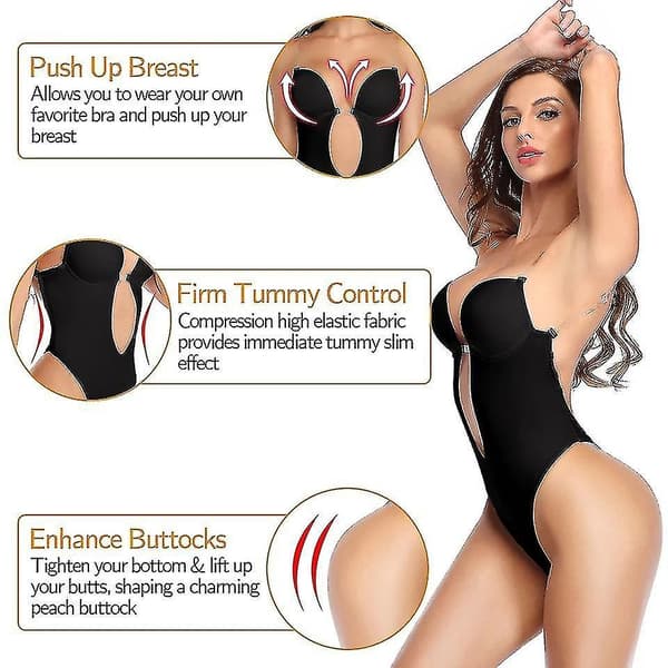 Women Plunging Deep V-neck Body Shaper Strapless Backless Shapewear Black M