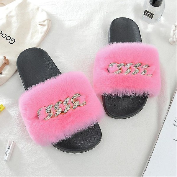Women's Fluffy Faux Fur Slippers Comfy Open Toe Slides With Fle PINK 38
