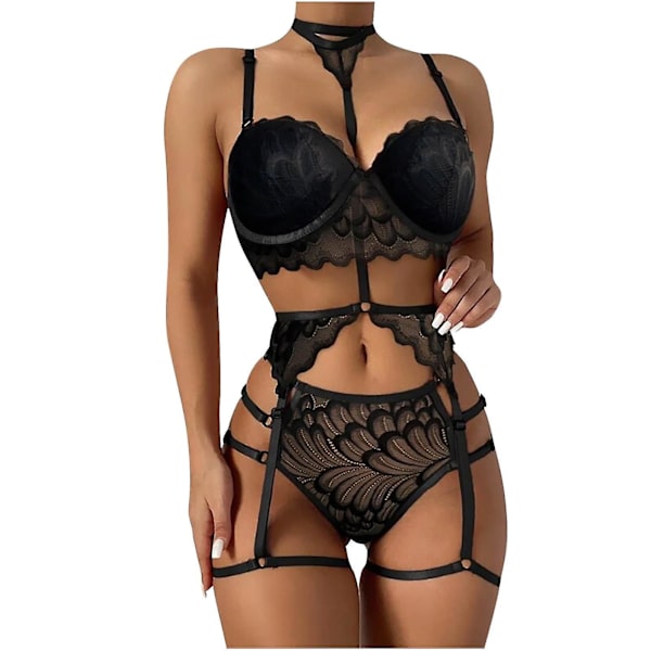 Women Sexy Solid Color Bralette Panty Strappy Lace Embroidery Lingerie Set Black XXL