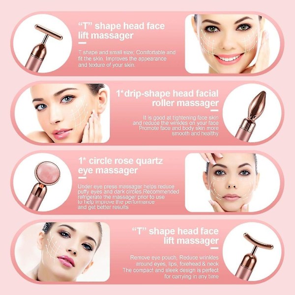 4 In 1 Vibrating Rose Quartz Roller Face Roller Eye Massager Jade Roller T/v Shaped Face Lifting Slimming Beauty Bar Massager Rose Red