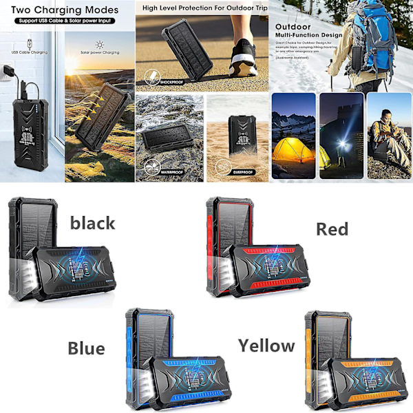 Solar Power Bank Camping Lantern Wireless Charger Portable High Capacity Ip6 Waterproof Emergency Power Supply Red