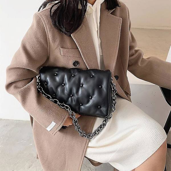 Dame Kunstskinn Skulderveske Clutch Veske Med Tykk Kjede Stropp Perlebroderi Ensfarget Underarmsveske Tote Håndveske Satchel Black