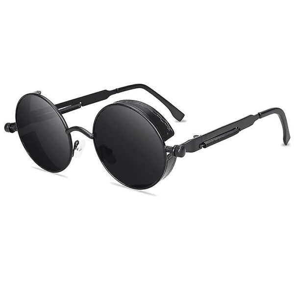 Vintage Polarized Steampunk Sunglasses Mens Round Sun Glasses Stylish Black Frame Grey Lenses
