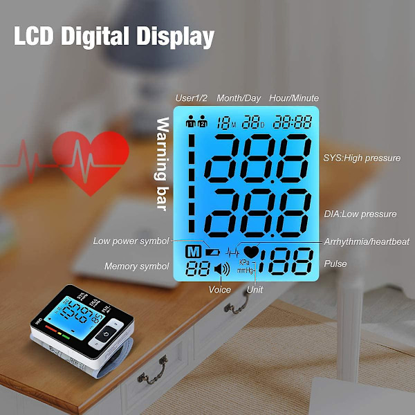 Automatic Digital Wrist Blood Pressure Monitor Heart Beat Upper Lcd Counter