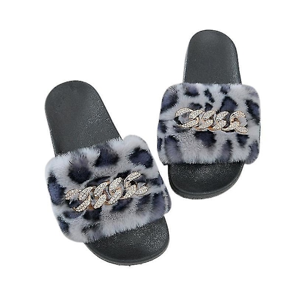 Women's Fluffy Faux Fur Slippers Comfy Open Toe Slides With Fle LEOPARD 40