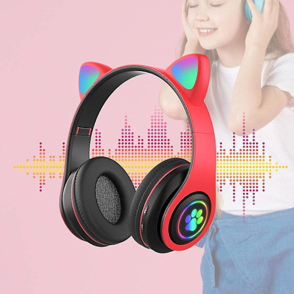 (rød) Børne Hovedtelefoner Bluetooth 5.0 Multifunktion Katteøre Ekstra Lang Batterilevetid Stereo Lyd LED Lys Sammenklappelig Justerbar Bærbar Headset Multi-farvet