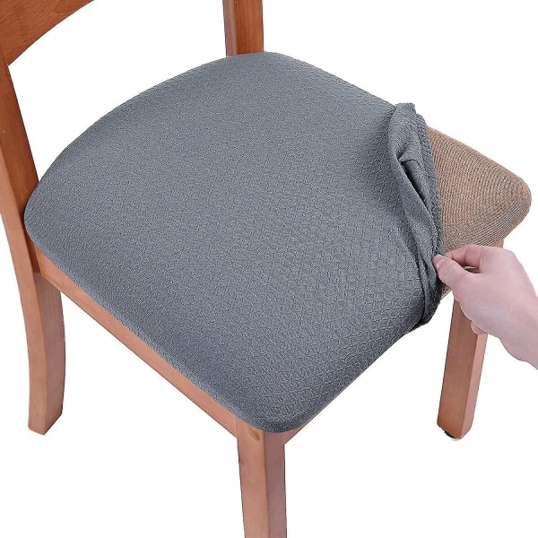 Stretchy Jacquard Spisestol Setetrekk, Avtakbare Vaskbare Støvtette Spisestuestol Setepute Trekk med Bånd - Sett med 2, Beige Grey