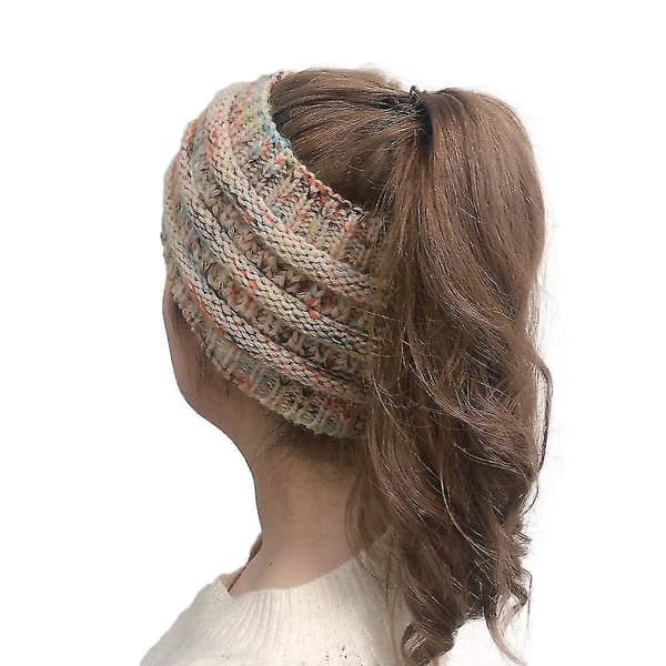 women Messy Bun Ponytail Knitted Beanie Hat Warm Cap Headband