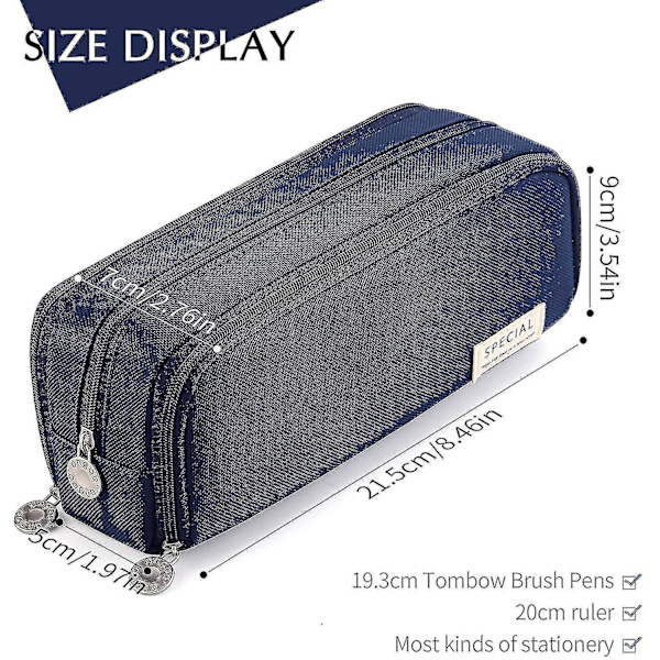 Large Pencil Case Big Capacity 3 Compartments Canvas Pencil Pouch For Students navy