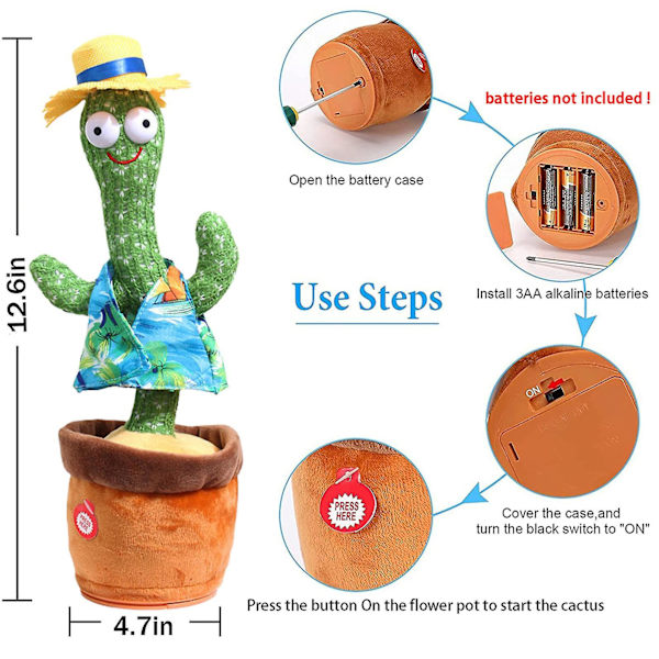 Dancing Cactus Toy With Lighting Singing Talking Recording & Repeats What You Say! Funny Electric Children's Toys For Baby Kids Blue