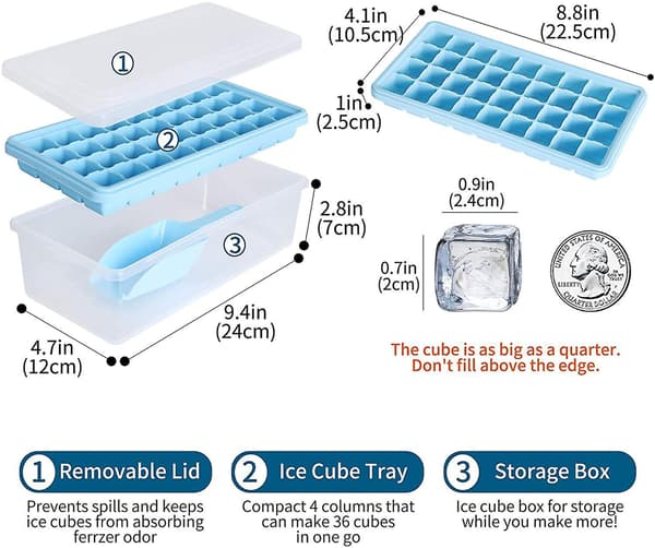 Flexible Safe Ice Cube Molds With Ice Container, Scoop And Cover(black) Blue