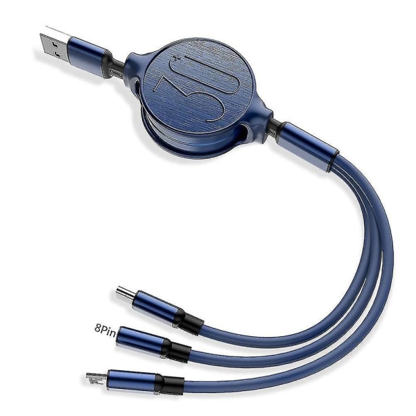 3-i-1 Uttrekkbar Micro Usb Type-c 3a Hurtigladekabel For Iphone Android Blue