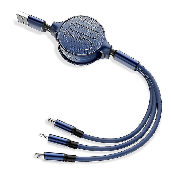 3 In 1 Retractable Micro Usb Type-c 3a Fast Charging Cable For Iphone Android Blue