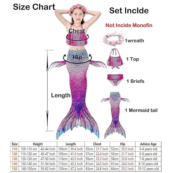 Kids Girls Mermaid Tail Bikini Set Swimwear Swimsuit Swimming Costume Included Garland Headband Color 7 4-5Years